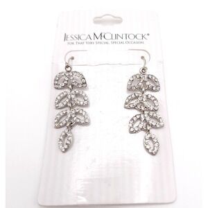 Jessica‎ McClintock Laurel Leaf Earrings Silver Rhinestone Drop